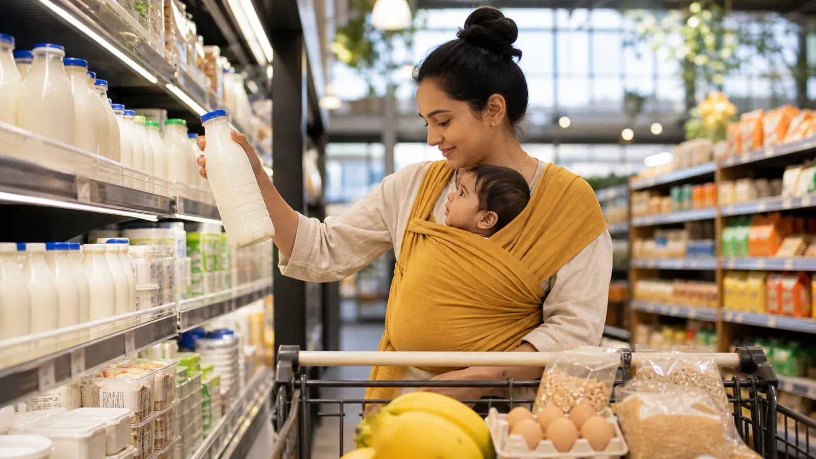Mother with her baby in a sling choosing milk in a bright grocery dairy aisle
